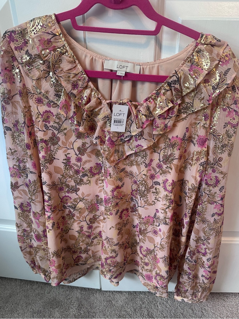 LOFT Blush Pink Floral Ruffle-Neck Long Sleeve Blouse with Gold Accents